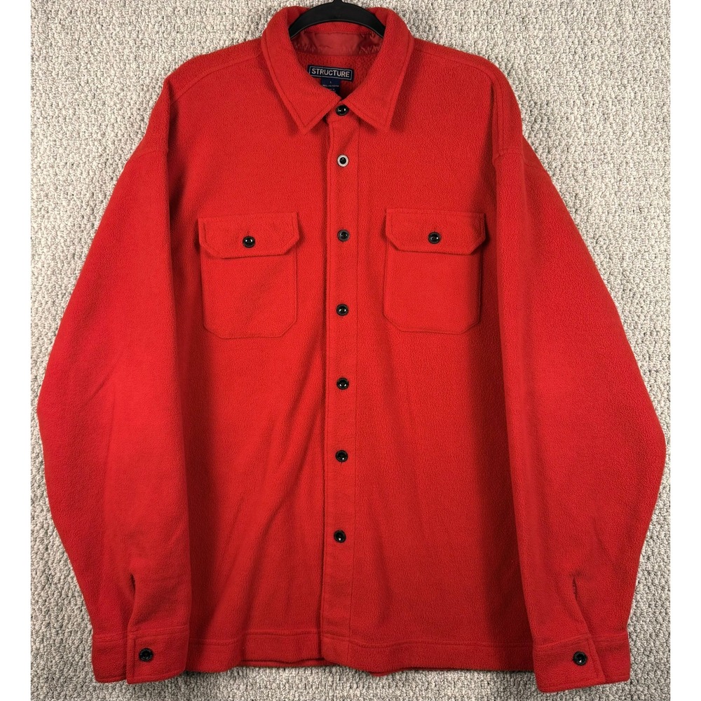 Structure Fleece Shirt Jacket Size L Red Vintage 90s Grunge Shacket Workwear M37
